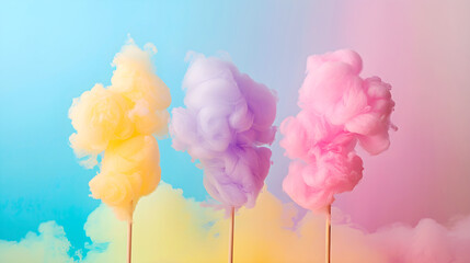 Cotton candy on sticks in teal, pink and lavender hues with dreamy smoke effect. Abstract pastel colors background - 783782965