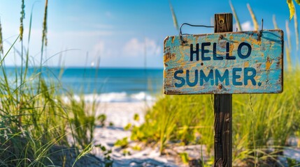 Signs with the inscription hello summer located against the backdrop of a sun drenched sandy beach