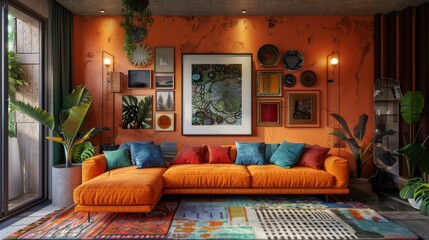 A 3D render of an eclectic living space with vibrant wall colors and a mix of vintage and contemporary decor.