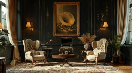 A 3D render of an elegant black living room, showcasing a mock-up frame amidst retro-inspired decor including a vintage phonograph and collection of vinyl records.