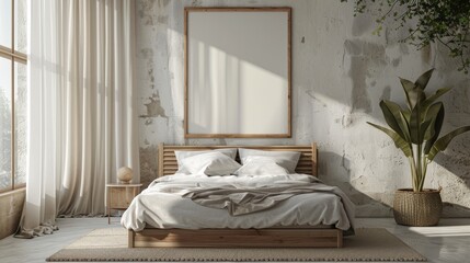 A 3D rendered modern minimalist bedroom, with clean lines and a neutral color palette. The mockup frame is centrally placed above a sleek, low-profile bed, against a textured white wall.