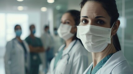 Medical workers in professional clothes wearing masks standing on a blurred background of a hospital corridor