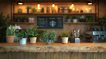 A 3D visualization of a cozy coffee shop interior, with a clear area on the front counter or a chalkboard for copy space. Warm lighting, wooden textures, plush seating, and decorative plants. - obrazy, fototapety, plakaty