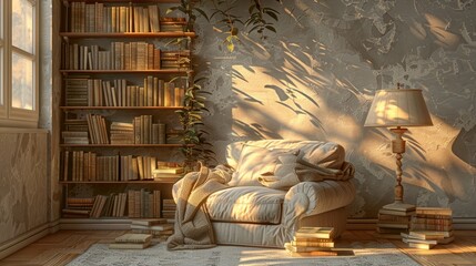 Vintage Reading Nook with Classic Armchair and Antique Bookshelf in Sunlit Room