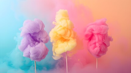 Cotton candy on sticks in teal, pink and lavender hues with dreamy smoke effect. Abstract pastel background - 783783529