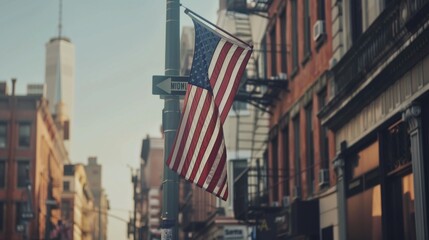 Usa flag fluttering in the wind over a street scene
