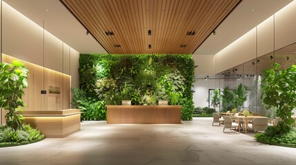 A 3D-rendered open-plan office space designed with a modern aesthetic, featuring ergonomic furniture, green plants, and a clean, bright color scheme.