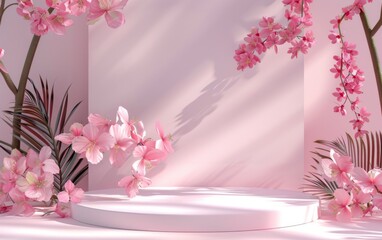 minimal abstract background, podium display with pink cherry bossom background for product presentation. 3d rendering