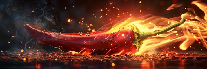 Fiery-hot product with a 3D of a chili pepper ablaze - obrazy, fototapety, plakaty