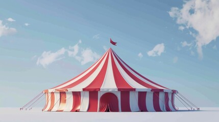 A red and white circus tent with intricate details such as a flag and a party entrance - obrazy, fototapety, plakaty