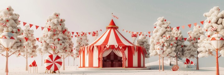 Red and white tent with intricate circus details - obrazy, fototapety, plakaty