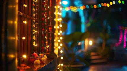 Fototapeta premium colorful diwali deepavali festive home decoration with a combination of traditional lights bright colorful diwali deepavali decorate the room