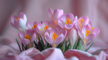 Elegant pink crocus flowers in bloom, with soft focus background, ideal for spring-themed designs...