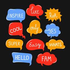 Set of speech bubbles and talks clouds with phrases. Vector illustration. Chatting and messages. Quotes and slang. Trendy comic style. Online chat. Conversation with words.  Trend conversation. 