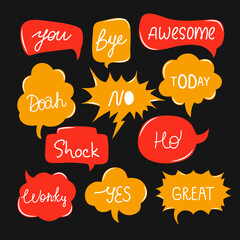 Set of speech bubbles and talks clouds with phrases. Vector illustration. Chatting and messages Quotes and slang. Trendy comic style. Online chat. Conversation with words. Comments and conversation. 