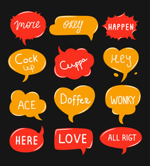 Set of speech bubbles and talks clouds with phrases. Vector illustration. Isolated. Quotes and slang. comic style. Online chat. Conversation with words. Comments and conversation. Chatting and message