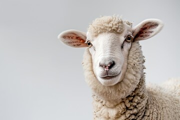 close up of smiling sheep on white background