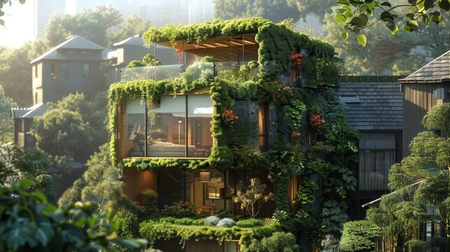 An urban green home, nestled between traditional buildings, with a rooftop garden and exterior walls covered in air-purifying plants.
