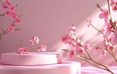 minimal abstract background, podium display with pink cherry bossom background for product presentation. 3d rendering