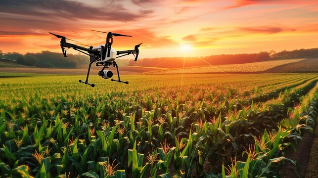 quadcopter drone with digital camera is operating in a green corn field