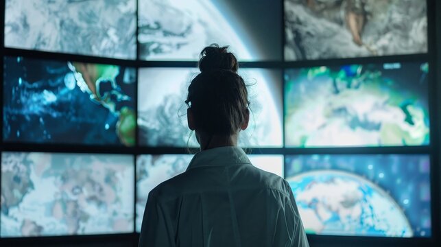 A scientist analyzing climate data on multiple screens, the search for solutions