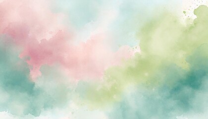 Artistic cyan, green and pink watercolor background with abstract cloudy sky concept. Grunge abstract paint splash artwork illustration. Beautiful abstract fog cloudscape wallpaper.