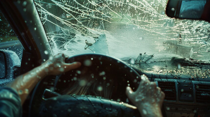 This is a dramatic image capturing a moment during a car crash from the inside, showing a woman, shattered windshield, and flying water droplets.