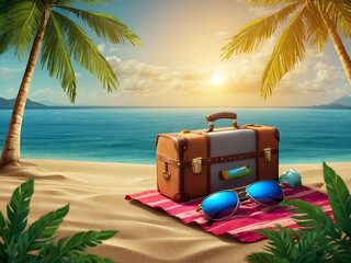 Summer-time vector concept background design. Summertime text on beach island with elements like a suitcase travel bag, lens camera and sunglasses for fun and enjoy outdoor vacation design - obrazy, fototapety, plakaty