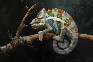 Colorful Chameleon Perched on Branch Against Dark Background in Oil Painting Artwork