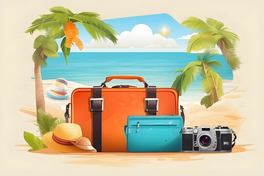 Summer-time vector concept background design. Summertime text on beach island with elements like a suitcase travel bag, lens camera and sunglasses for fun and enjoy outdoor vacation design