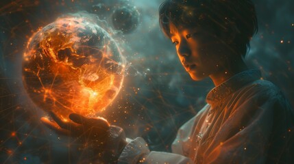 Asian high school student holding a planet similar to Earth in his hand
