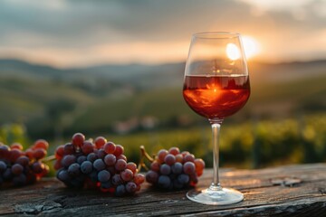 A serene view capturing a glass of rose wine against a backdrop of rolling vineyard hills during...