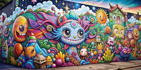 colorful graffiti on the street art on the wall doodle cute cartoon