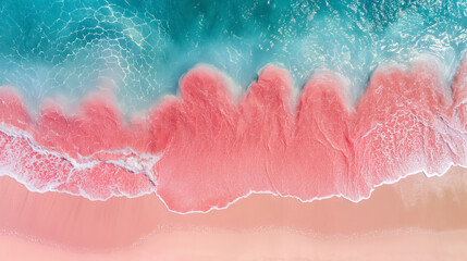 Aerial shot captures waves lapping at a beach with unique pink sands, contrasting the vivid turquoise sea. - obrazy, fototapety, plakaty
