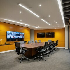 conference room with chairs, A photo of a modern office with a large conference table in the foreground. The table is surrounded by comfortable chairs and there is a large flat-screen TV on the wall.