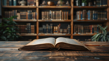 An open book lies on a wooden floor in a library. The book is surrounded by many bookshelves, and the shelves are filled with books. 