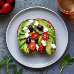 Scrumptious Mediterranean Avocado Toast: Perfectly ripe avocado, cherry tomatoes, olives, feta, golden olive oil, fresh herbs. Warm, inviting brunch atmosphere.