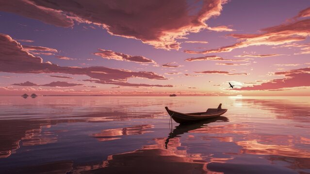sunset, boat , tree,Bird Flying