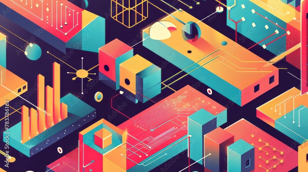 Aufkleber a colorful cityscape with buildings and a lot of data. the buildings are in different colors and siz