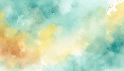 Artisticcyan, yellow and green watercolor background with abstract cloudy sky concept. Grunge abstract paint splash artwork illustration. Beautiful abstract fog cloudscape wallpaper. - obrazy, fototapety, plakaty