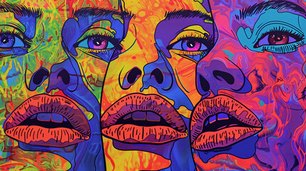 Vividly colorful and abstract multiple faces, rendered in a psychedelic style with swirling vibrant hues.
