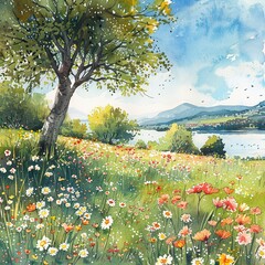 Summer nature landscape, watercolor illustration - obrazy, fototapety, plakaty