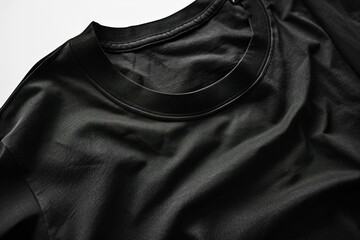 Close up shot of a black tshirt on a white surface against a white background