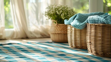 Peaceful Home Interior with Wicker Baskets and Gauzy Fabric - obrazy, fototapety, plakaty