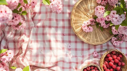 Springtime Picnic Scene with Raspberry Baskets and Blooming Flowers