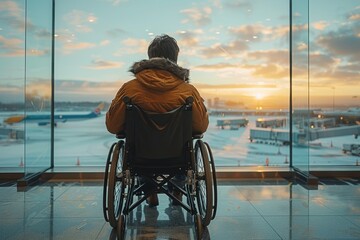 A contemplative lone individual in a wheelchair faces a large airport window, gazing at the planes and the golden sunrise - obrazy, fototapety, plakaty