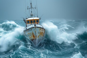 A dynamic image showing a fishing boat braving massive ocean waves during a storm, emphasizing resilience - obrazy, fototapety, plakaty