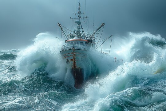 A powerful depiction of a brave fishing vessel navigating through fierce stormy sea conditions
