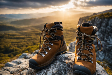 Hiking shoes for cross-country travel. Boots close up stands on highland rocks - obrazy, fototapety, plakaty