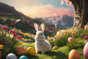 Christian Easter spring landscape. Easter bunny and colorful holiday eggs in flowered grass on a spring sunny lawn.